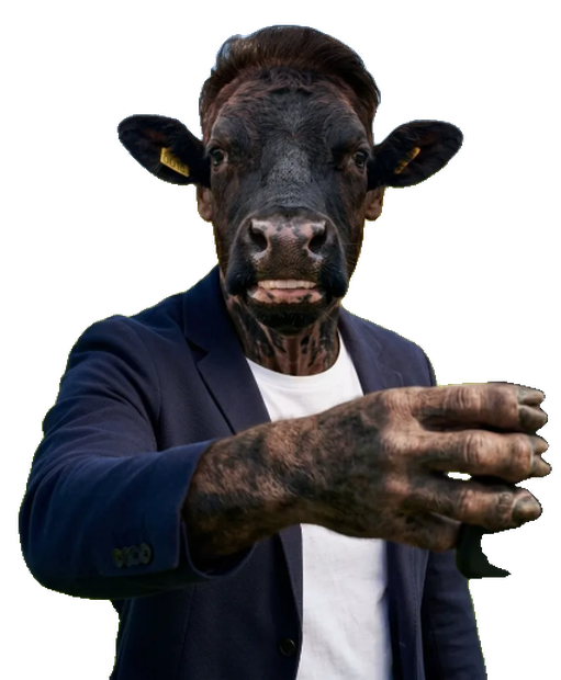 John Beef, a figure in a navy blazer with a black cow's head, holding out a hand for a selfie