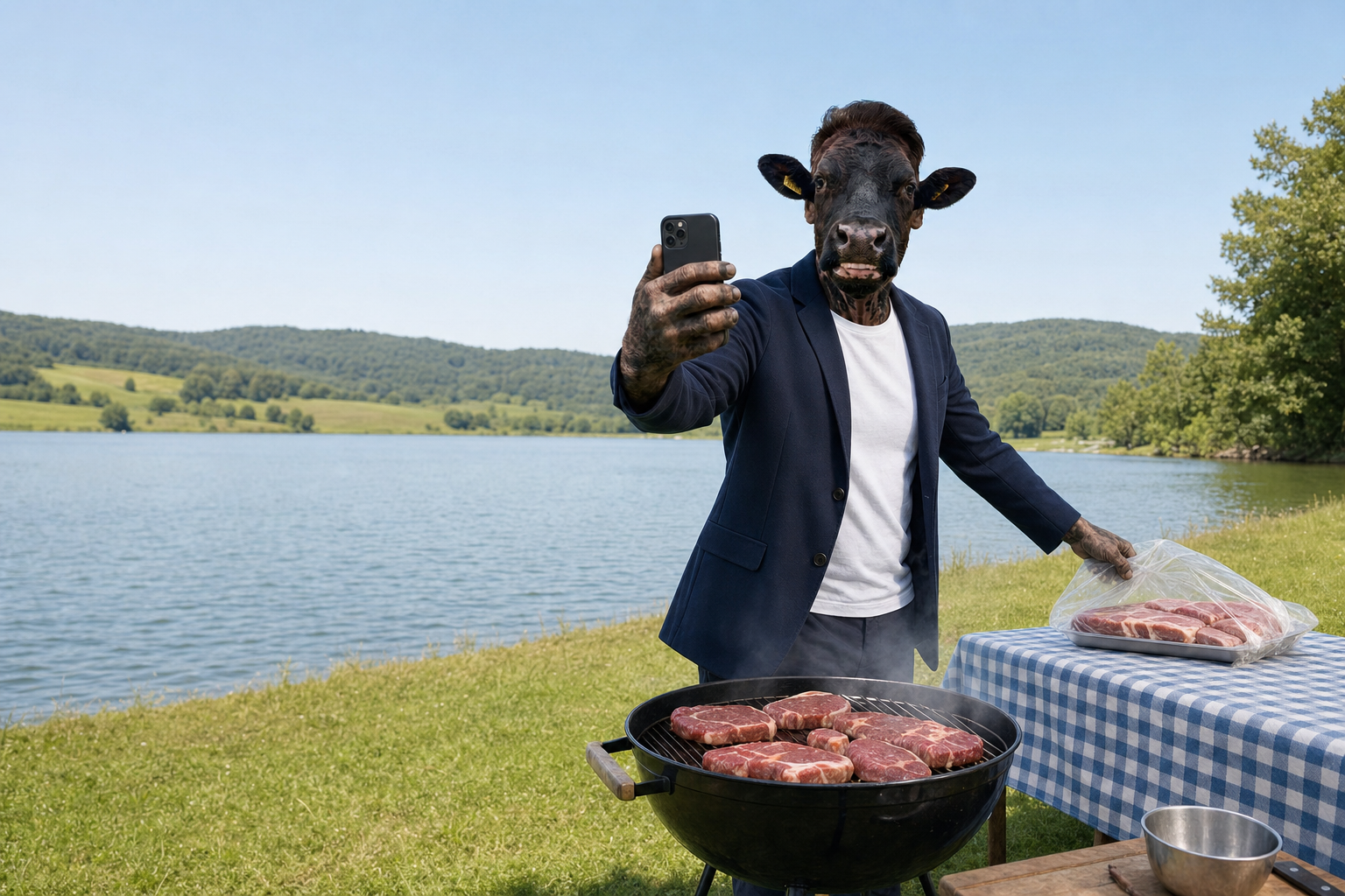 John Beef photographing a lakeside grill loaded with steaks, packaged beef on a checkered table beside him